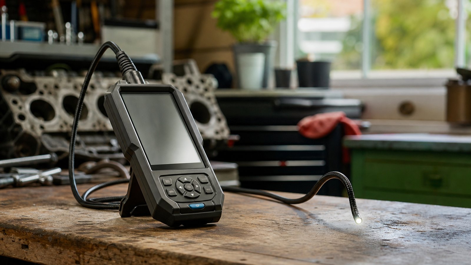 articulating borescope laid out for review on a clean UK workbench