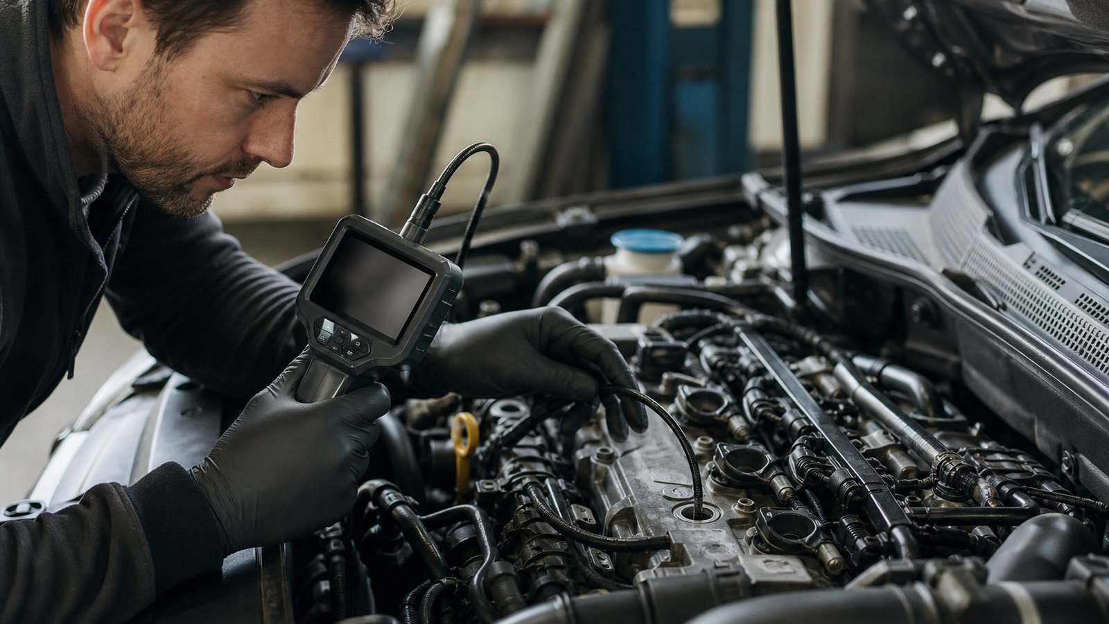 articulating borescope probe guided toward an open engine spark-plug port