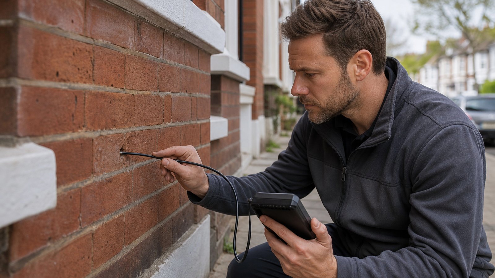 articulating borescope probe inserted into a brick cavity wall hole