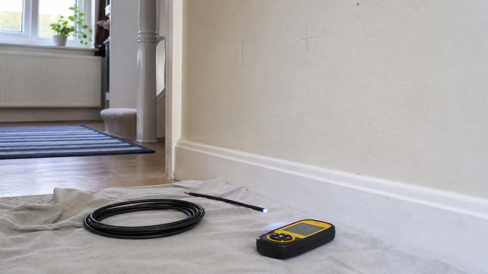 Inspection camera and cable detector prepared beside a UK interior wall