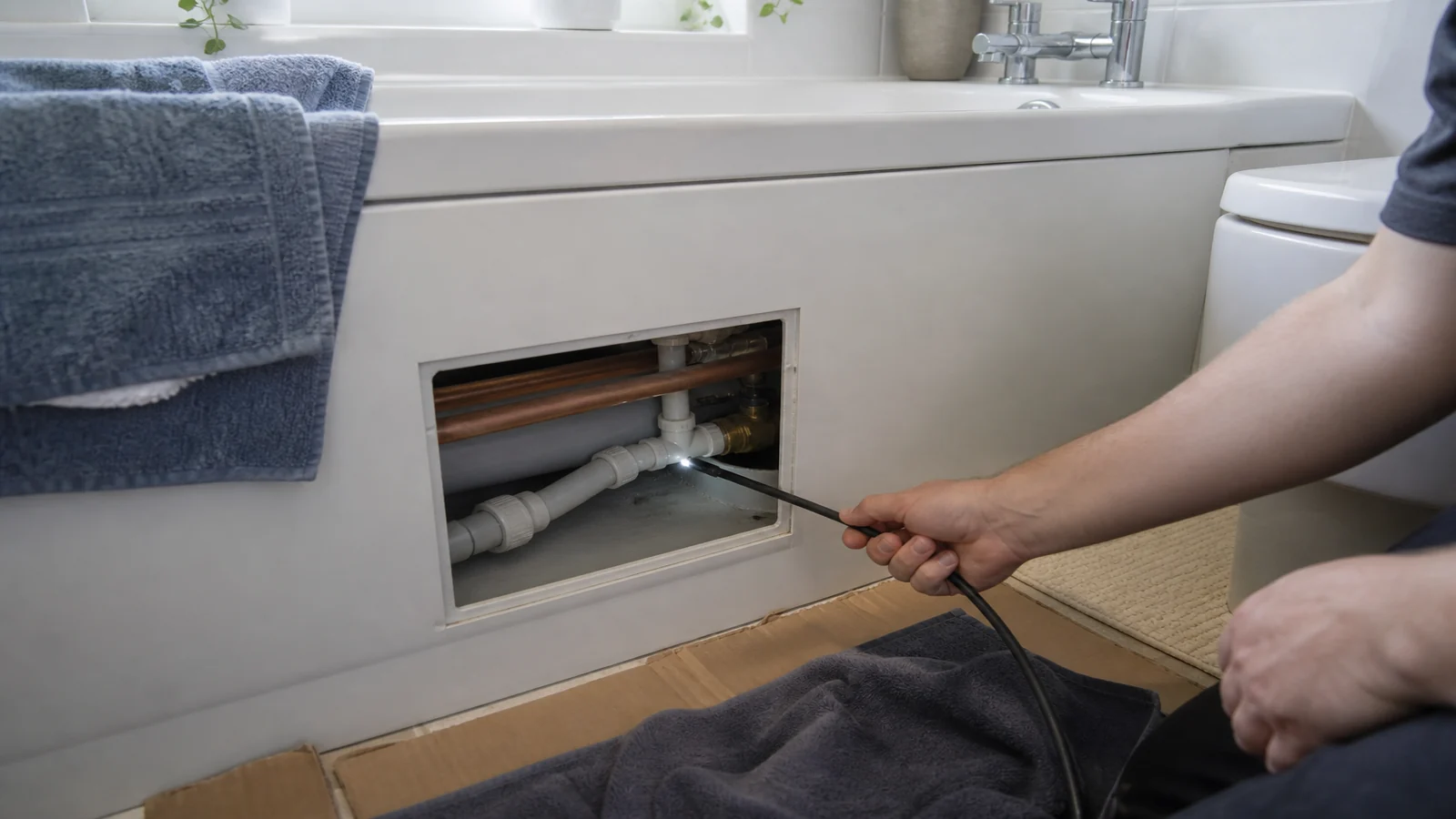 Inspection camera checking concealed pipework behind a bath panel