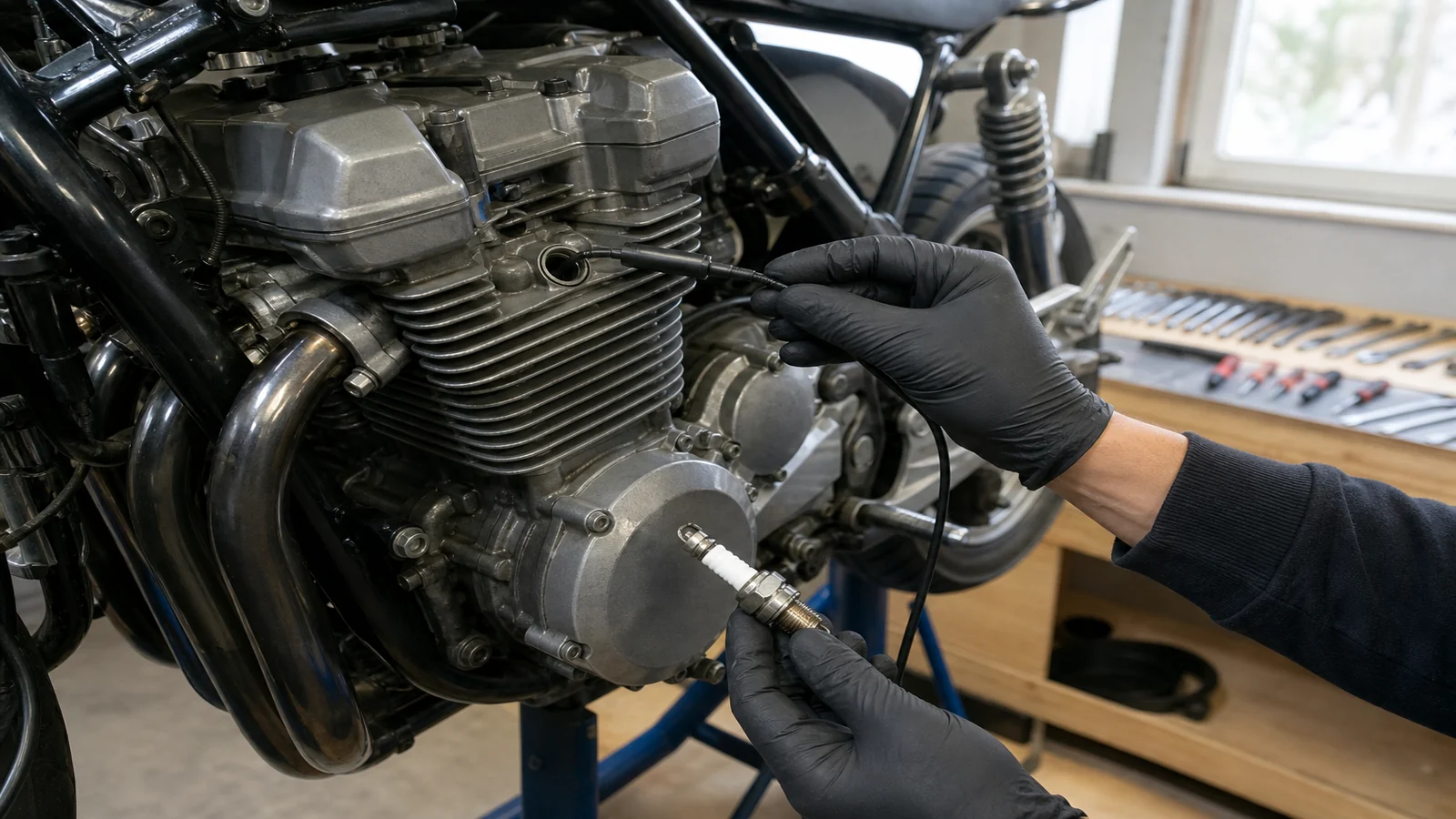Borescope inspection through a motorcycle spark-plug opening