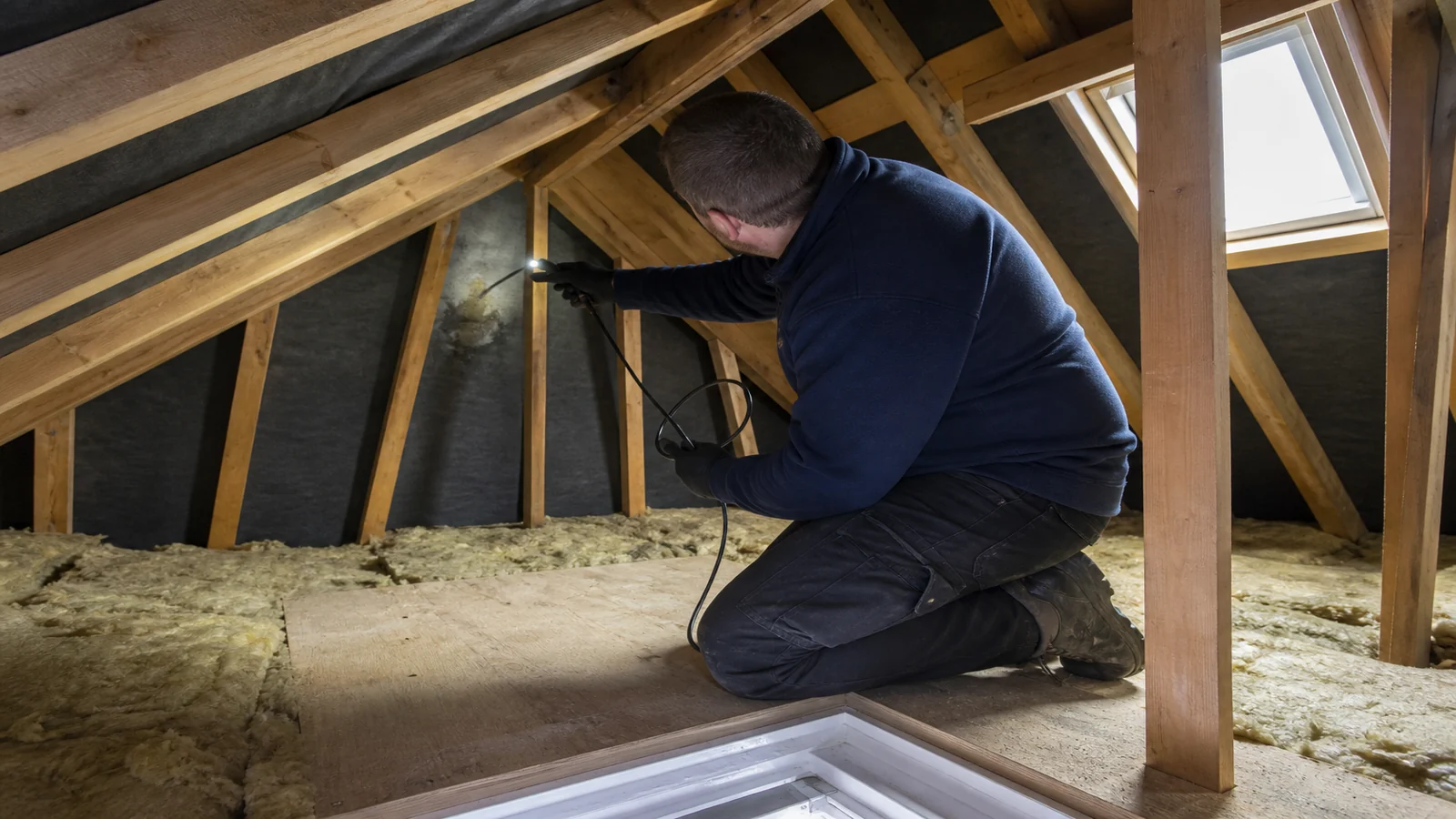 Camera inspection of rafters from a safe boarded loft area